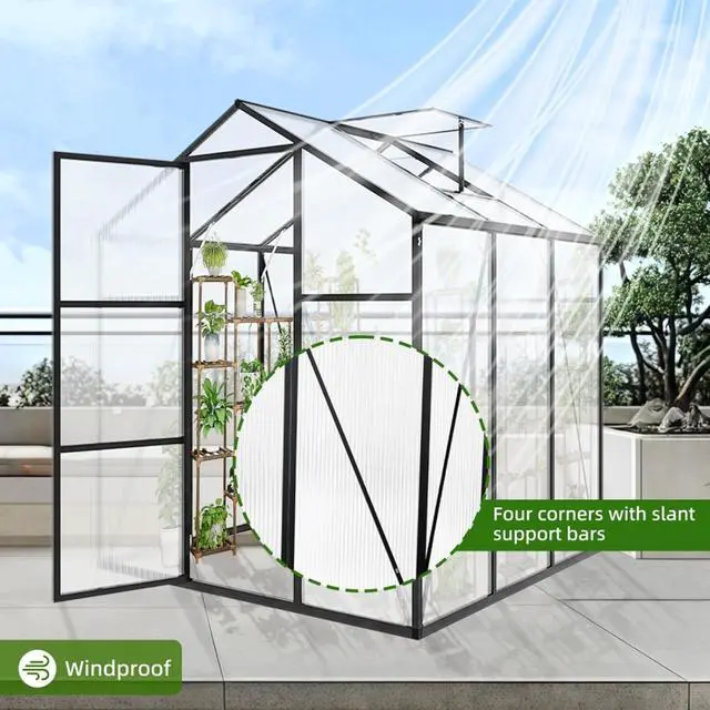 Alt view image 7 of 7 - Walk-in Polycarbonate Greenhouse with Aluminum Frame and Double-Door Gate for Growing Flowers, Herbs, Plants, Outdoor Plant Tent with Drainage Gutter System for Backyard, Lawn (New+ 6x6FT)