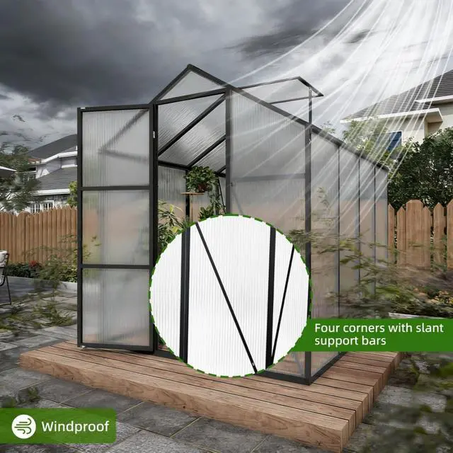 Alt view image 2 of 7 - Walk-in Polycarbonate Greenhouse with Aluminum Frame and Double-Door Gate for Growing Flowers, Herbs, Plants, Outdoor Plant Tent with Drainage Gutter System for Backyard, Lawn (New+ 6x8FT)