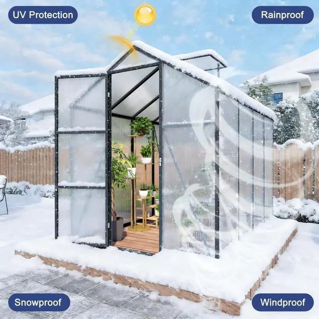 Alt view image 3 of 7 - Walk-in Polycarbonate Greenhouse with Aluminum Frame and Double-Door Gate for Growing Flowers, Herbs, Plants, Outdoor Plant Tent with Drainage Gutter System for Backyard, Lawn (New+ 6x8FT)