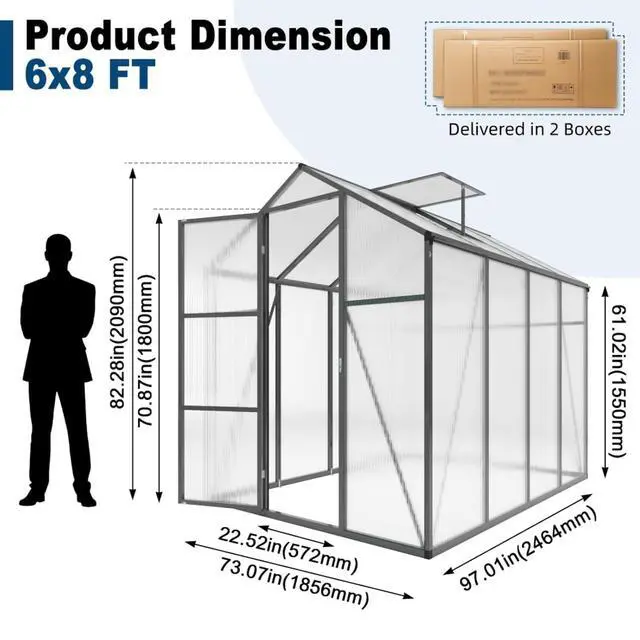 Alt view image 5 of 7 - Walk-in Polycarbonate Greenhouse with Aluminum Frame and Double-Door Gate for Growing Flowers, Herbs, Plants, Outdoor Plant Tent with Drainage Gutter System for Backyard, Lawn (New+ 6x8FT)