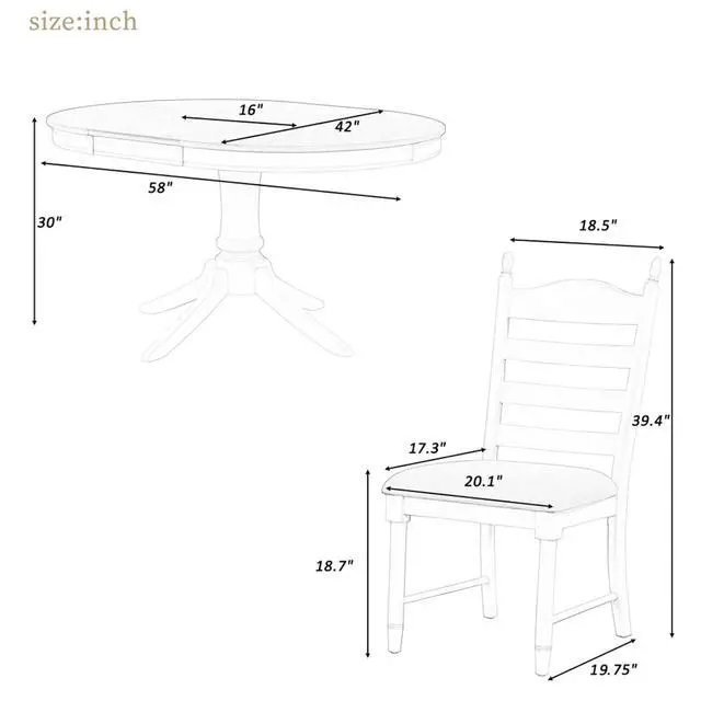 Alt view image 4 of 7 - 5-Piece Extendable Dining Table Set with Oval Table and 4 Upholstered Chairs for Home Bar Cafe, Vintage Kitchen Table Sets with Solid Wood Frame & Ladder Backrest for 4 (Off White)