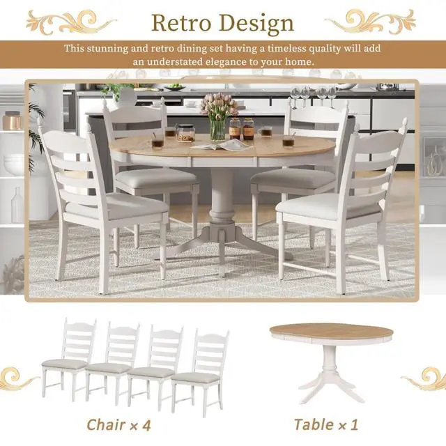 Alt view image 5 of 7 - 5-Piece Extendable Dining Table Set with Oval Table and 4 Upholstered Chairs for Home Bar Cafe, Vintage Kitchen Table Sets with Solid Wood Frame & Ladder Backrest for 4 (Off White)