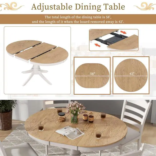 Alt view image 6 of 7 - 5-Piece Extendable Dining Table Set with Oval Table and 4 Upholstered Chairs for Home Bar Cafe, Vintage Kitchen Table Sets with Solid Wood Frame & Ladder Backrest for 4 (Off White)