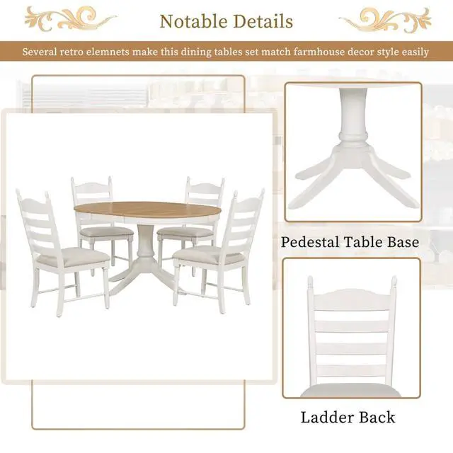 Alt view image 7 of 7 - 5-Piece Extendable Dining Table Set with Oval Table and 4 Upholstered Chairs for Home Bar Cafe, Vintage Kitchen Table Sets with Solid Wood Frame & Ladder Backrest for 4 (Off White)