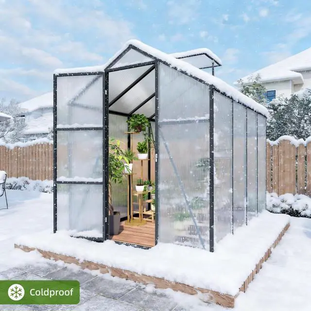 Alt view image 6 of 7 - Walk-in Polycarbonate Greenhouse with Aluminum Frame and Double-Door Gate for Growing Flowers, Herbs, Plants, Outdoor Plant Tent with Drainage Gutter System for Backyard, Lawn (New+ 6x8FT)