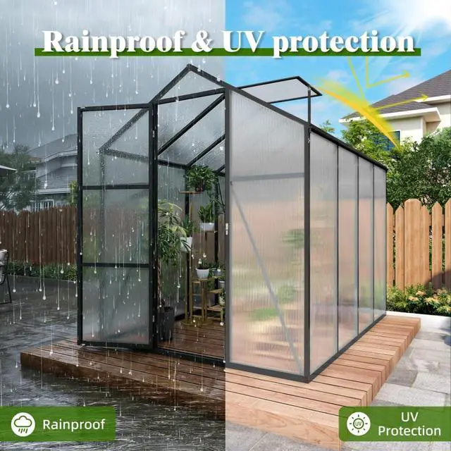 Alt view image 7 of 7 - Walk-in Polycarbonate Greenhouse with Aluminum Frame and Double-Door Gate for Growing Flowers, Herbs, Plants, Outdoor Plant Tent with Drainage Gutter System for Backyard, Lawn (New+ 6x8FT)