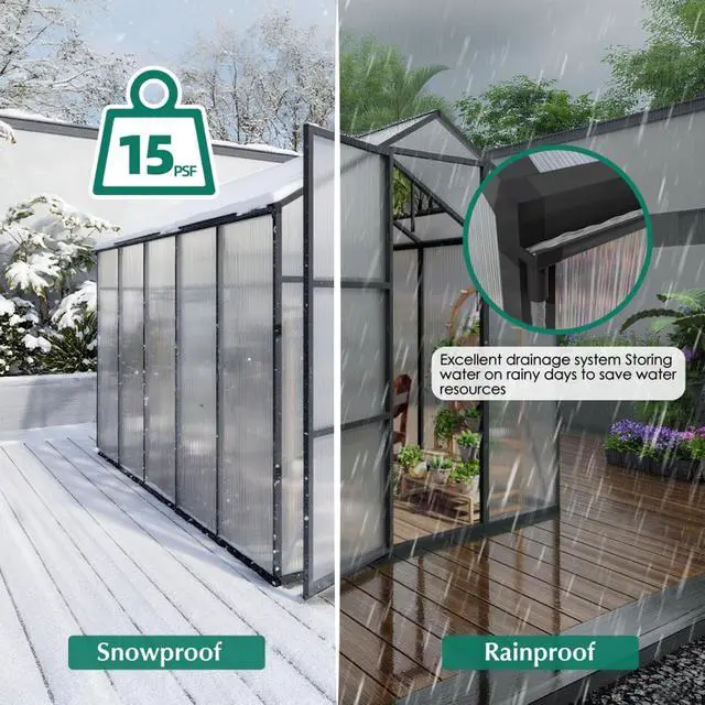 Alt view image 2 of 7 - Walk-in Polycarbonate Greenhouse with Aluminum Frame and Double-Door Gate for Growing Flowers, Herbs, Plants, Outdoor Plant Tent with Drainage Gutter System for Backyard, Lawn (6x10FT+Black)