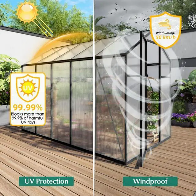 Alt view image 3 of 7 - Walk-in Polycarbonate Greenhouse with Aluminum Frame and Double-Door Gate for Growing Flowers, Herbs, Plants, Outdoor Plant Tent with Drainage Gutter System for Backyard, Lawn (6x10FT+Black)