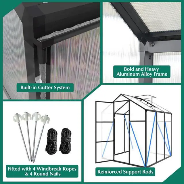 Alt view image 5 of 7 - Walk-in Polycarbonate Greenhouse with Aluminum Frame and Double-Door Gate for Growing Flowers, Herbs, Plants, Outdoor Plant Tent with Drainage Gutter System for Backyard, Lawn (6x10FT+Black)