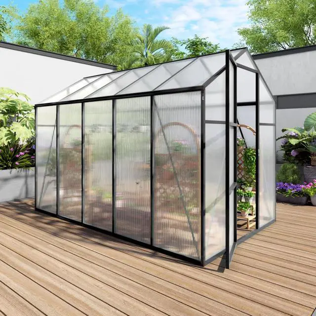 Alt view image 7 of 7 - Walk-in Polycarbonate Greenhouse with Aluminum Frame and Double-Door Gate for Growing Flowers, Herbs, Plants, Outdoor Plant Tent with Drainage Gutter System for Backyard, Lawn (6x10FT+Black)