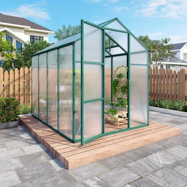 Main image of Walk-in Polycarbonate Greenhouse with Aluminum Frame and Double-Door Gate for Growing Flowers, Herbs, Plants, Outdoor Plant Tent with Drainage Gutter System for Backyard, Lawn (6x8FT+Green)