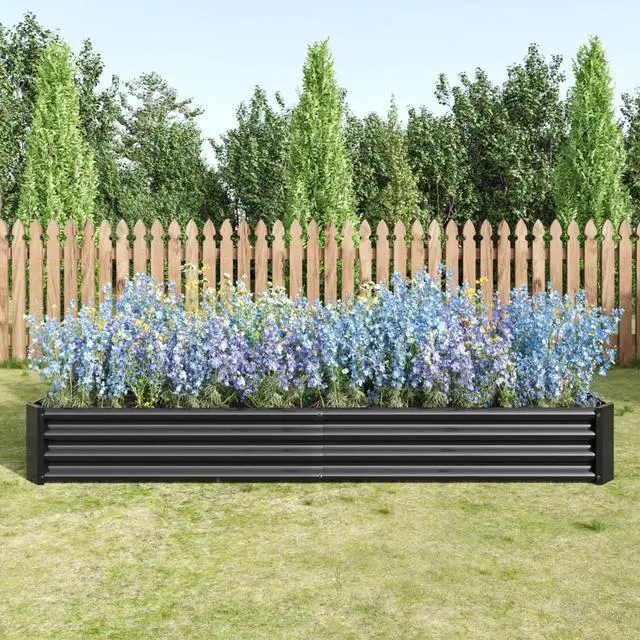 Main image of Raised Garden Bed Kit with Metal Frame and Open Bottom for Backyard, Park, Poolside, Outdoor Planter Box with 2 Supporting Bars for Growing Flowers, Plants, Vegetables (8x4x1FT Black 2PCS)