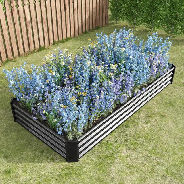 Alt view image 4 of 7 - Raised Garden Bed Kit with Metal Frame and Open Bottom for Backyard, Park, Poolside, Outdoor Planter Box with 2 Supporting Bars for Growing Flowers, Plants, Vegetables (8x4x1FT Black 2PCS)