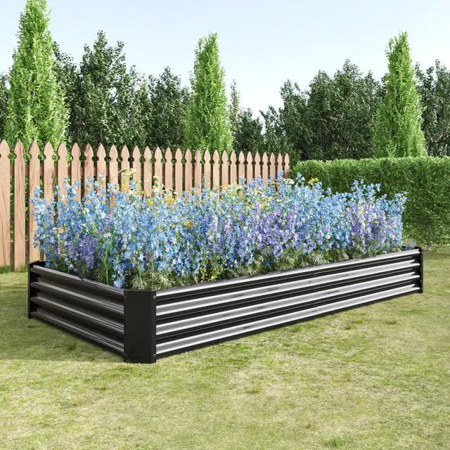 Alt view image 3 of 7 - Raised Garden Bed Kit with Metal Frame and Open Bottom for Backyard, Park, Poolside, Outdoor Planter Box with 2 Supporting Bars for Growing Flowers, Plants, Vegetables (8x4x1FT Black 2PCS)