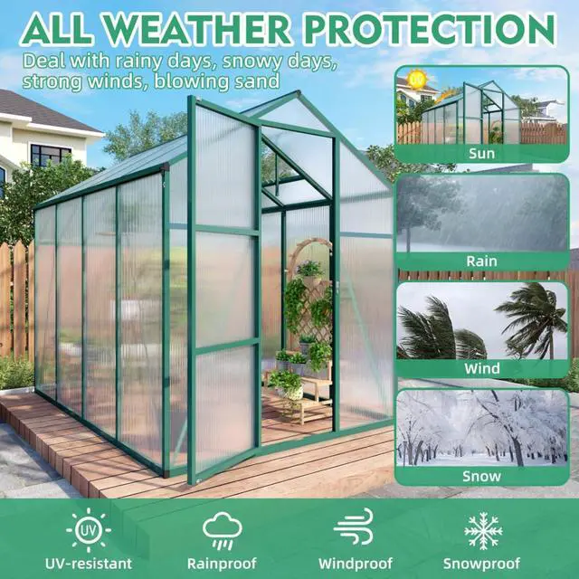 Alt view image 2 of 7 - Walk-in Polycarbonate Greenhouse with Aluminum Frame and Double-Door Gate for Growing Flowers, Herbs, Plants, Outdoor Plant Tent with Drainage Gutter System for Backyard, Lawn (6x8FT+Green)
