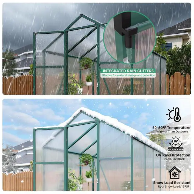 Alt view image 3 of 7 - Walk-in Polycarbonate Greenhouse with Aluminum Frame and Double-Door Gate for Growing Flowers, Herbs, Plants, Outdoor Plant Tent with Drainage Gutter System for Backyard, Lawn (6x8FT+Green)