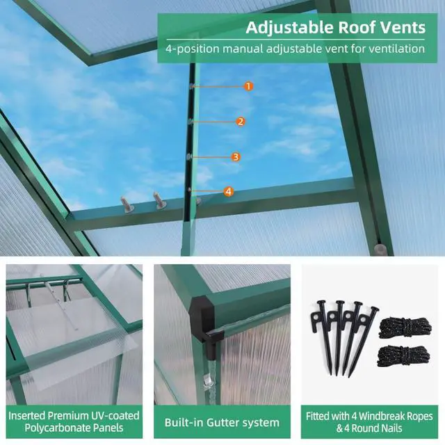 Alt view image 4 of 7 - Walk-in Polycarbonate Greenhouse with Aluminum Frame and Double-Door Gate for Growing Flowers, Herbs, Plants, Outdoor Plant Tent with Drainage Gutter System for Backyard, Lawn (6x8FT+Green)