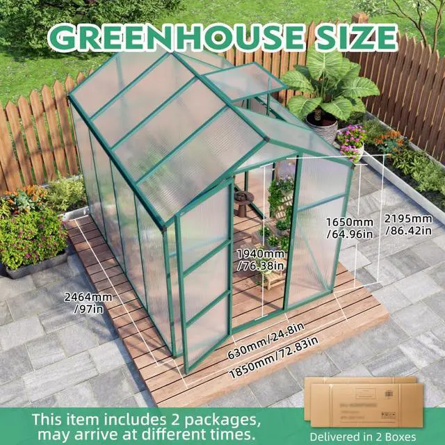 Alt view image 5 of 7 - Walk-in Polycarbonate Greenhouse with Aluminum Frame and Double-Door Gate for Growing Flowers, Herbs, Plants, Outdoor Plant Tent with Drainage Gutter System for Backyard, Lawn (6x8FT+Green)