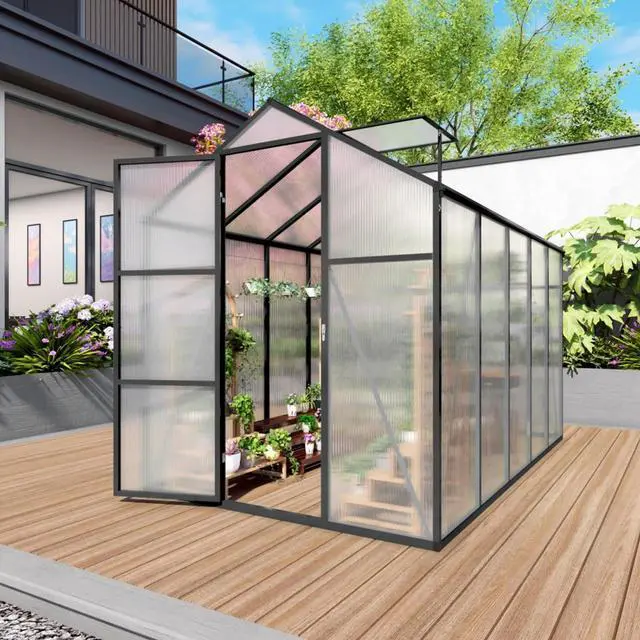 Main image of Walk-in Polycarbonate Greenhouse with Aluminum Frame and Double-Door Gate for Growing Flowers, Herbs, Plants, Outdoor Plant Tent with Drainage Gutter System for Backyard, Lawn (New + 6x10FT)