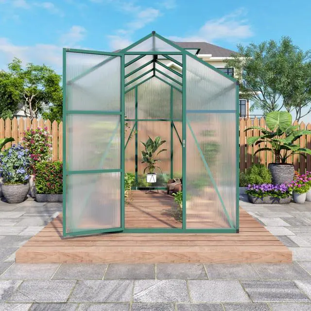 Alt view image 7 of 7 - Walk-in Polycarbonate Greenhouse with Aluminum Frame and Double-Door Gate for Growing Flowers, Herbs, Plants, Outdoor Plant Tent with Drainage Gutter System for Backyard, Lawn (6x8FT+Green)