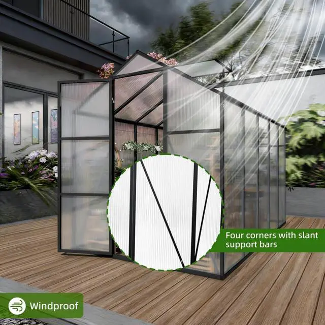 Alt view image 4 of 7 - Walk-in Polycarbonate Greenhouse with Aluminum Frame and Double-Door Gate for Growing Flowers, Herbs, Plants, Outdoor Plant Tent with Drainage Gutter System for Backyard, Lawn (New + 6x10FT)