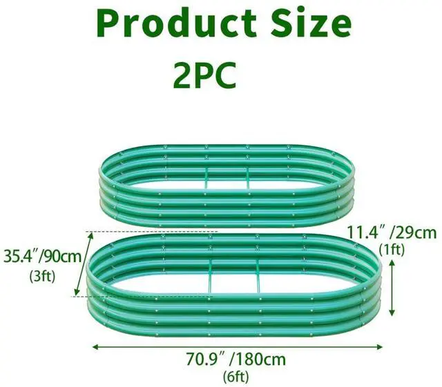 Alt view image 2 of 7 - Raised Garden Bed Kit with Open Bottom Design for Poolside, Backyard, Porch, Outdoor Galvanized Planter Box with Curved Panel for Growing Flowers, Vegetables, Herbs (2Pcs 6x3x1ft Green)