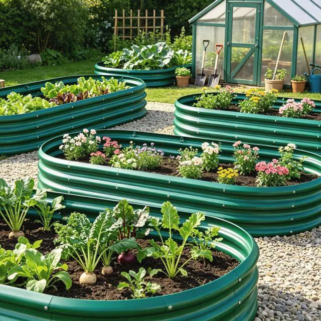 Alt view image 3 of 7 - Raised Garden Bed Kit with Open Bottom Design for Poolside, Backyard, Porch, Outdoor Galvanized Planter Box with Curved Panel for Growing Flowers, Vegetables, Herbs (2Pcs 6x3x1ft Green)