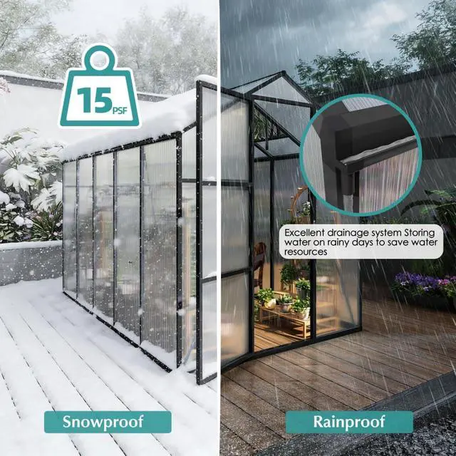 Alt view image 5 of 7 - Walk-in Polycarbonate Greenhouse with Aluminum Frame and Double-Door Gate for Growing Flowers, Herbs, Plants, Outdoor Plant Tent with Drainage Gutter System for Backyard, Lawn (New + 6x10FT)
