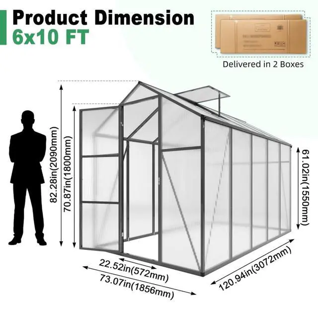 Alt view image 6 of 7 - Walk-in Polycarbonate Greenhouse with Aluminum Frame and Double-Door Gate for Growing Flowers, Herbs, Plants, Outdoor Plant Tent with Drainage Gutter System for Backyard, Lawn (New + 6x10FT)