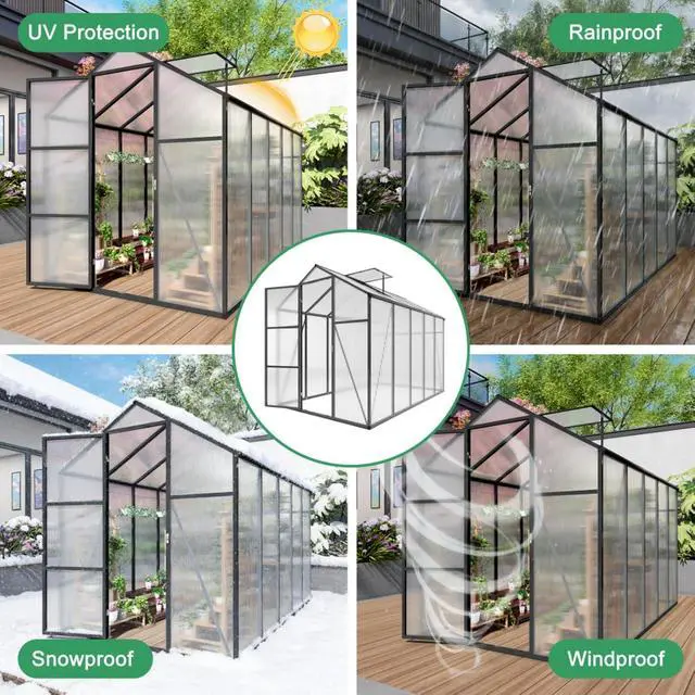 Alt view image 7 of 7 - Walk-in Polycarbonate Greenhouse with Aluminum Frame and Double-Door Gate for Growing Flowers, Herbs, Plants, Outdoor Plant Tent with Drainage Gutter System for Backyard, Lawn (New + 6x10FT)