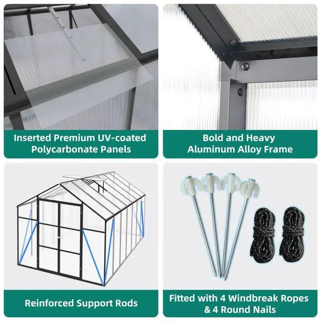 Alt view image 4 of 7 - Walk-in Polycarbonate Greenhouse with Aluminum Frame and Double-Door Gate for Growing Flowers, Herbs, Plants, Outdoor Plant Tent with Drainage Gutter System for Backyard, Lawn (8x14FT+Black)