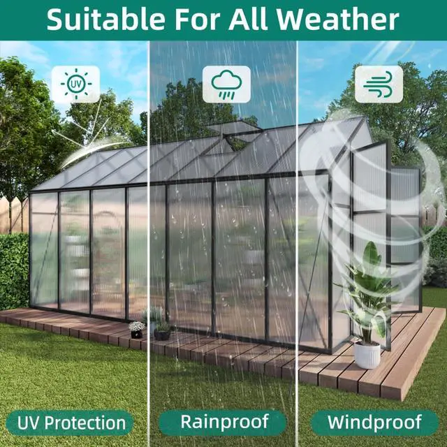 Alt view image 5 of 7 - Walk-in Polycarbonate Greenhouse with Aluminum Frame and Double-Door Gate for Growing Flowers, Herbs, Plants, Outdoor Plant Tent with Drainage Gutter System for Backyard, Lawn (8x14FT+Black)