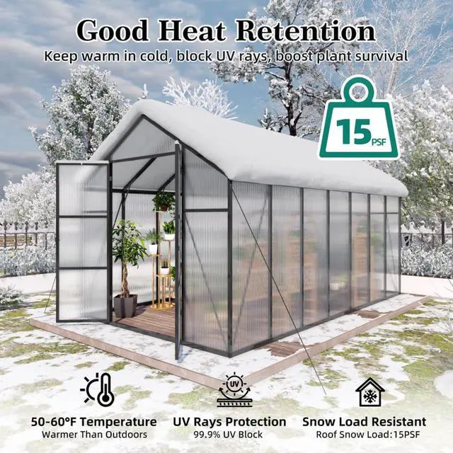Alt view image 6 of 7 - Walk-in Polycarbonate Greenhouse with Aluminum Frame and Double-Door Gate for Growing Flowers, Herbs, Plants, Outdoor Plant Tent with Drainage Gutter System for Backyard, Lawn (8x14FT+Black)
