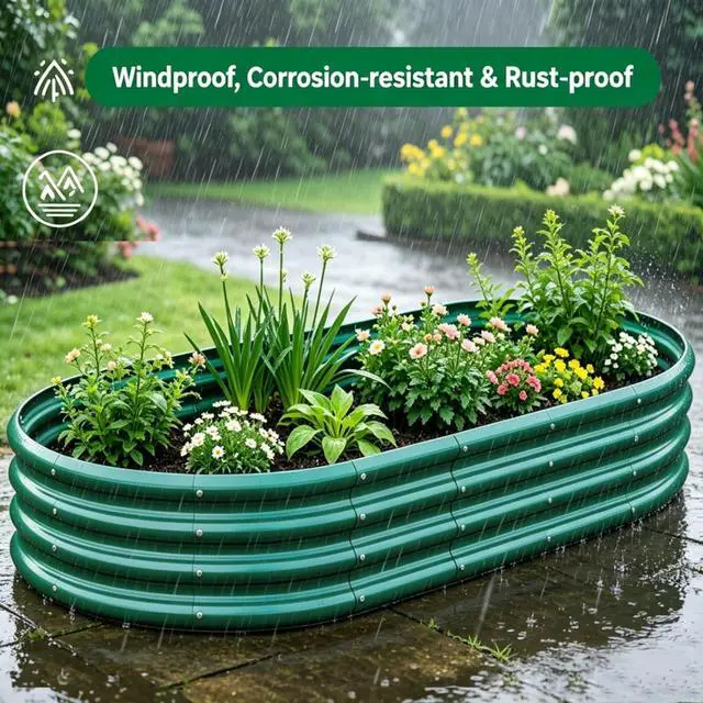 Alt view image 7 of 7 - Raised Garden Bed Kit with Open Bottom Design for Poolside, Backyard, Porch, Outdoor Galvanized Planter Box with Curved Panel for Growing Flowers, Vegetables, Herbs (2Pcs 8x4x1ft Green)