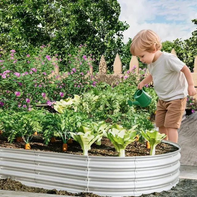 Main image of Raised Garden Bed Kit with Open Bottom Design for Poolside, Backyard, Porch, Outdoor Galvanized Planter Box with Curved Panel for Growing Flowers, Vegetables, Herbs (2Pcs 8x4x1ft Silver)
