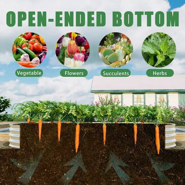 Alt view image 7 of 7 - Raised Garden Bed Kit with Open Bottom Design for Poolside, Backyard, Porch, Outdoor Galvanized Planter Box with Curved Panel for Growing Flowers, Vegetables, Herbs (2Pcs 8x4x1ft Silver)