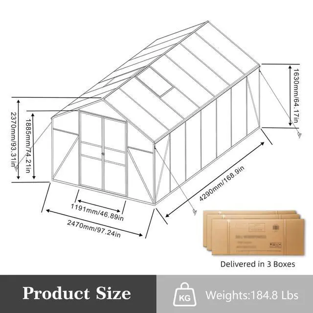 Alt view image 7 of 7 - Walk-in Polycarbonate Greenhouse with Aluminum Frame and Double-Door Gate for Growing Flowers, Herbs, Plants, Outdoor Plant Tent with Drainage Gutter System for Backyard, Lawn (8x14FT+Black)