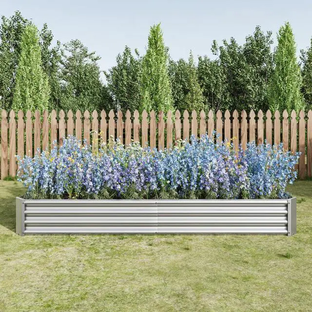 Main image of Raised Garden Bed with Metal Frame and Open Bottom for Park, Backyard, Outdoor Planter Box with Anti-Rust Coating and 2 Supporting Bars for Flower, Planters, Vegetables (8x4x1FT Silver 1PCS)