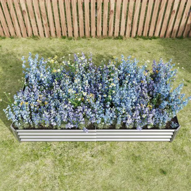 Alt view image 2 of 7 - Raised Garden Bed with Metal Frame and Open Bottom for Park, Backyard, Outdoor Planter Box with Anti-Rust Coating and 2 Supporting Bars for Flower, Planters, Vegetables (8x4x1FT Silver 1PCS)