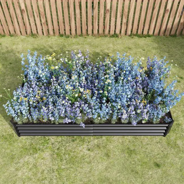 Alt view image 2 of 7 - Raised Garden Bed with Metal Frame and Open Bottom for Park, Backyard, Outdoor Planter Box with Anti-Rust Coating and 2 Supporting Bars for Flower, Planters, Vegetables (8x4x1FT Black 2PCS)
