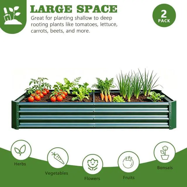 Alt view image 2 of 7 - Raised Garden Bed with Metal Frame and Open Bottom for Park, Backyard, Outdoor Planter Box with Anti-Rust Coating and 2 Supporting Bars for Flower, Planters, Vegetables (6x3x1FT Green 2PCS)