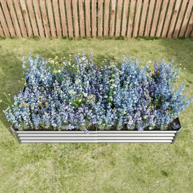 Alt view image 2 of 7 - Raised Garden Bed Kit with Metal Frame and Open Bottom for Backyard, Park, Poolside, Outdoor Planter Box with 2 Supporting Bars for Growing Flowers, Plants, Vegetables (8x4x1FT Silver 1PCS)