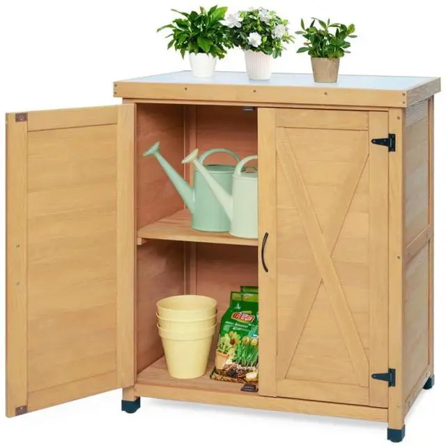 Alt view image 2 of 7 - Outdoor Raised Garden Bed with Open Bottom and Solid Wood Frame for Poolside, Backyard, Patio Large Planter Box with Corner Cover for Vegetables, Flowers and Herbs (Brown Potting Bench)