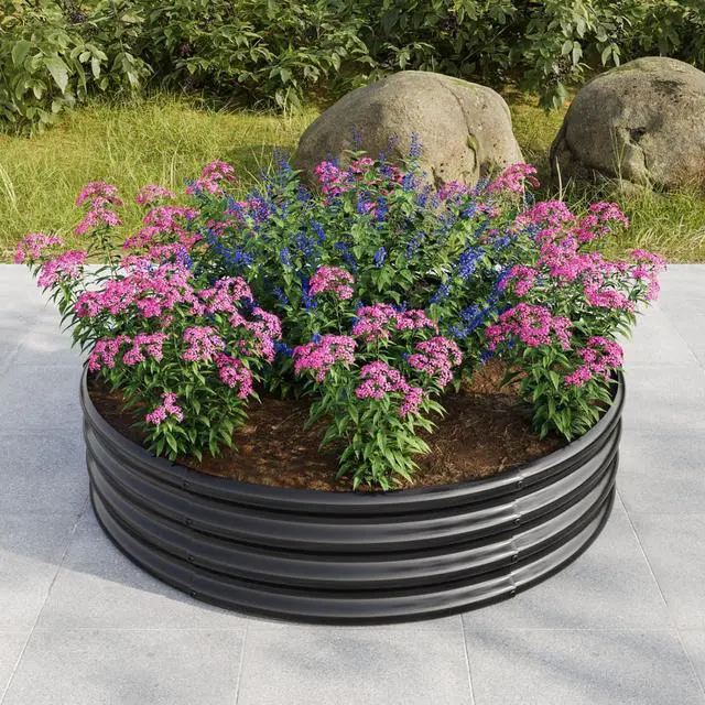 Main image of 2 Pieces Tall Round Raised Garden Bed with Open Bottom for Park, Poolside, Backyard, Outdoor Planter Box with Metal Frame and Anti-Corrosion Construction for Flowers (2PCS Black)