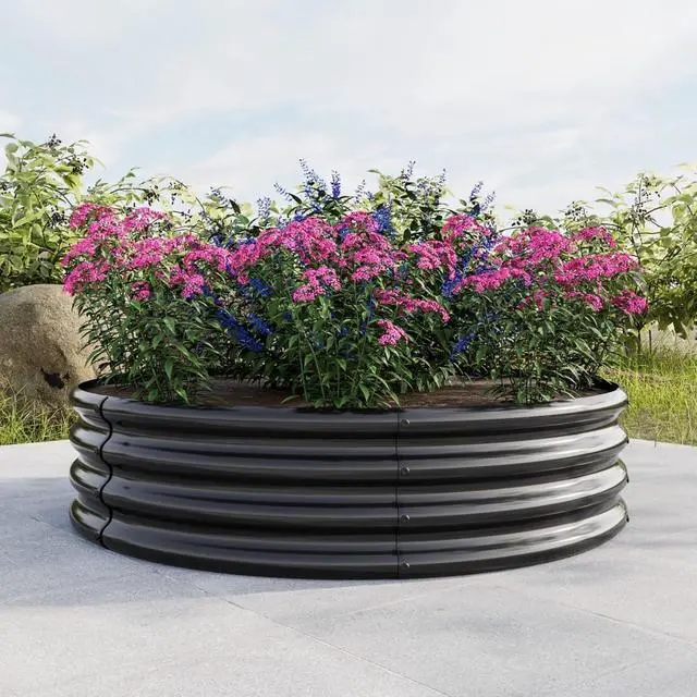 Alt view image 5 of 7 - 2 Pieces Tall Round Raised Garden Bed with Open Bottom for Park, Poolside, Backyard, Outdoor Planter Box with Metal Frame and Anti-Corrosion Construction for Flowers (2PCS Black)