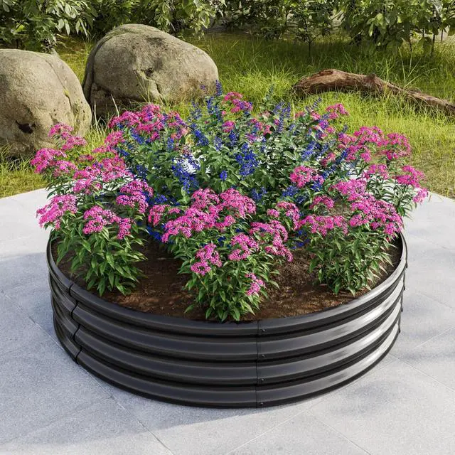 Alt view image 4 of 7 - 2 Pieces Tall Round Raised Garden Bed with Open Bottom for Park, Poolside, Backyard, Outdoor Planter Box with Metal Frame and Anti-Corrosion Construction for Flowers (2PCS Black)