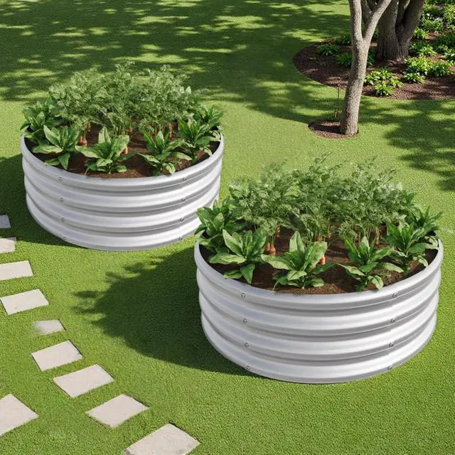 Alt view image 2 of 7 - 2 Pieces Tall Round Raised Garden Bed with Open Bottom for Park, Poolside, Backyard, Outdoor Planter Box with Metal Frame and Anti-Corrosion Construction for Flowers (2PCS Silver)