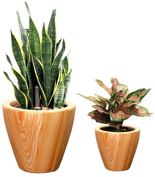 Main image of 2 Pieces Plastic Plant Pots with Self-Watering System and Drainage Plug for Backyard, Poolside, Outdoor Planter with Wood Look Finish for Flowers, Herbs, Plants (Light Brown)