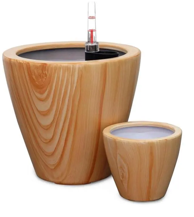 Alt view image 2 of 7 - 2 Pieces Plastic Plant Pots with Self-Watering System and Drainage Plug for Backyard, Poolside, Outdoor Planter with Wood Look Finish for Flowers, Herbs, Plants (Light Brown)