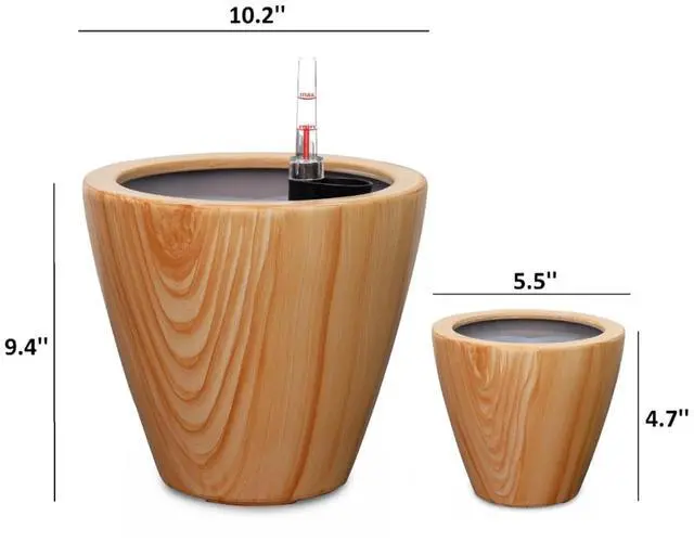Alt view image 3 of 7 - 2 Pieces Plastic Plant Pots with Self-Watering System and Drainage Plug for Backyard, Poolside, Outdoor Planter with Wood Look Finish for Flowers, Herbs, Plants (Light Brown)